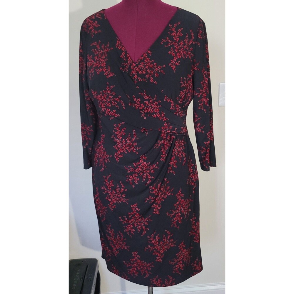 Lauren Ralph Lauren Red & Black Floral Faux-Wrap Jersey Dress Size 16